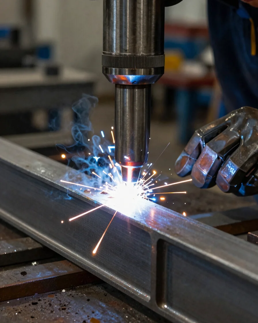 Close-up of precision welding arcs and raw structural steel alloy stock in a high-contrast industrial workshop