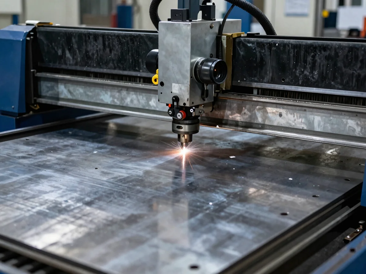Close-ups of laser cutting sheet steel on CNC beds, sharp industrial focus.