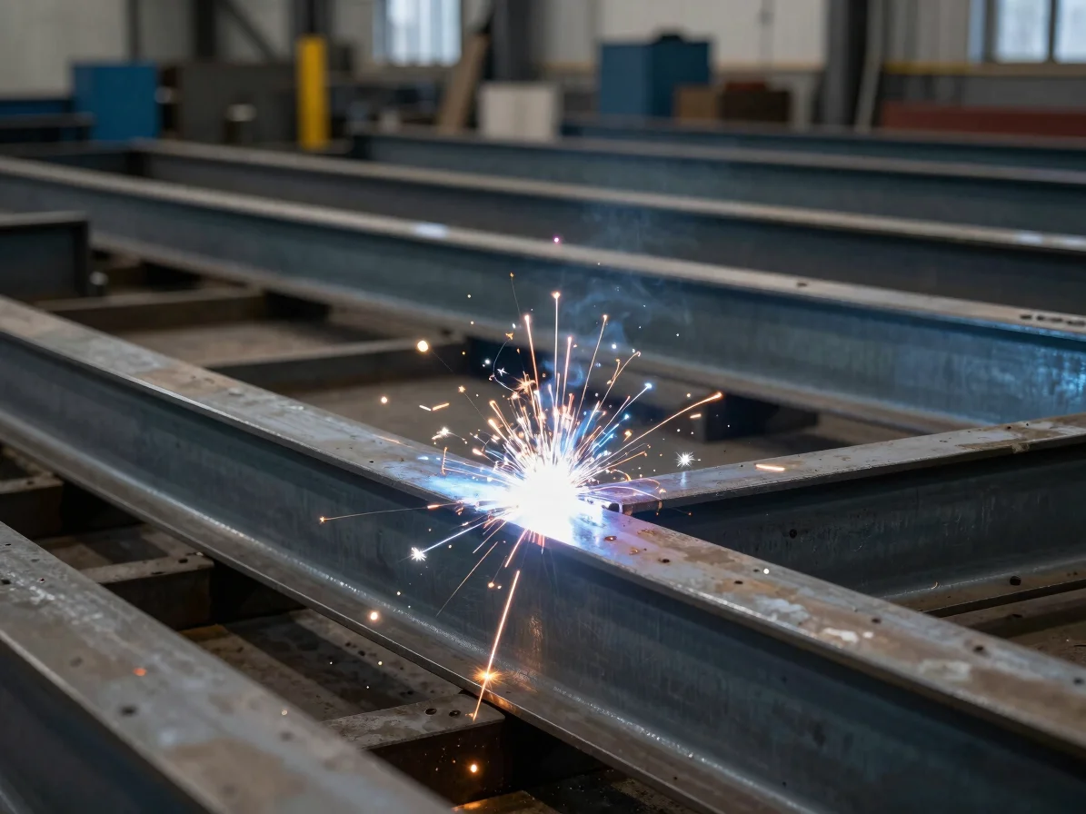 Precision welding arcs joining thick structural steel beams in a workshop.