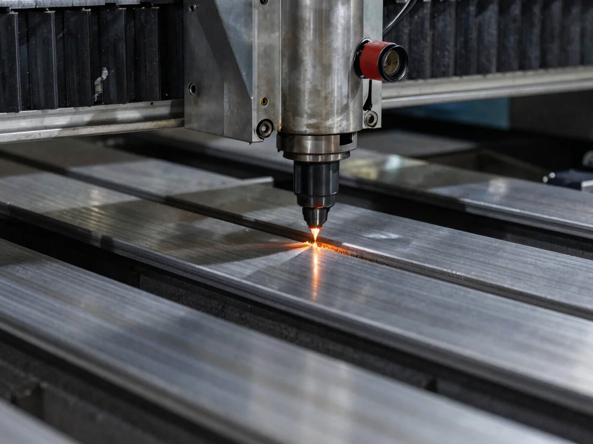 Macro focus on CNC laser cutting cutting clean steel profiles under cool workshop light.